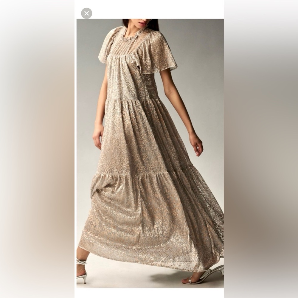 🎉REDUCED SALE NWT Anthropologie silver & gold flowy Short-Sleeve Maxi Dress 🎊❤️